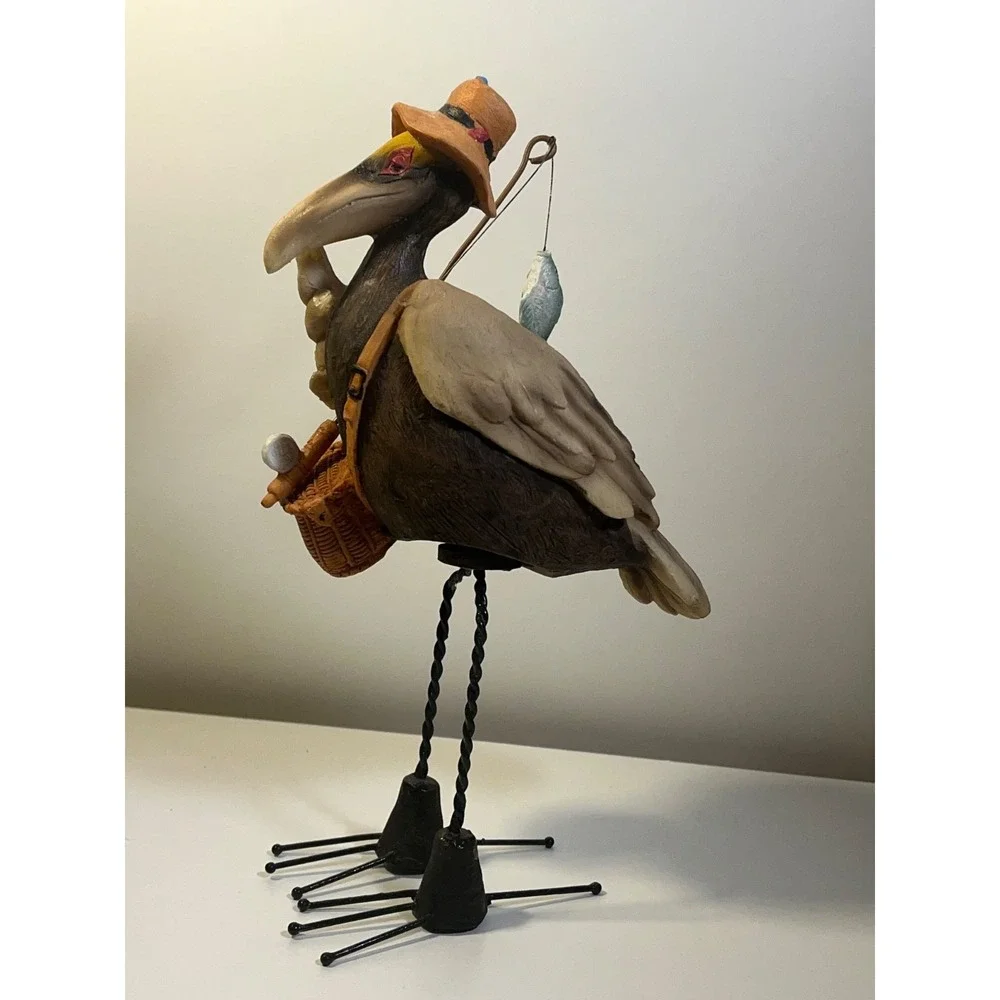Whimsical Fisherman Crow Figurine with Spring To Bobble Resin Sculpture